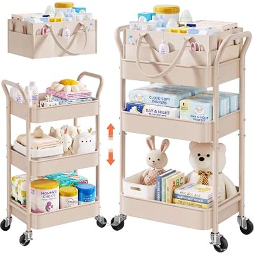 2-in-1 Diaper Cart Organizer, Beige 3 Tier Rolling Diaper Caddy with Wheels