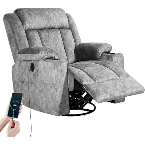 LAFWELL Retro Rocking Recliner Chair, Massage Rocker Recliner Chair with Vibration Massage and Heat, USB and Type-C Ports,360° Swivel Chairs, Living Room, Bedroom, Nursery, RV, Light Grey