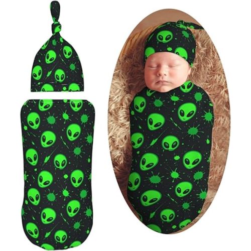 Green Alien Head Newborn Swaddle Blankets Hat Sets Soft Baby Receiving Blanket Swaddle Sack for Baby Shower Infant Boy Girl Gift