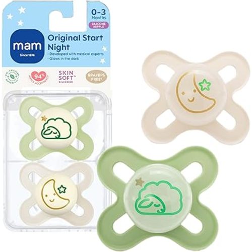 MAM Original Start Night Baby Pacifiers, Binky for 0-3 Months, BPA-Free Silicone Nipple, Easy to Clean, Best for Newborn Babies, Developed with Medical Experts, 2 Count Binkies with Sterilizer Case
