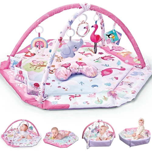 KOPPOP Baby Play Gym, 4-in-1 Tummy Time Mat with Sensory Toys, Pink, for 0-3 Years