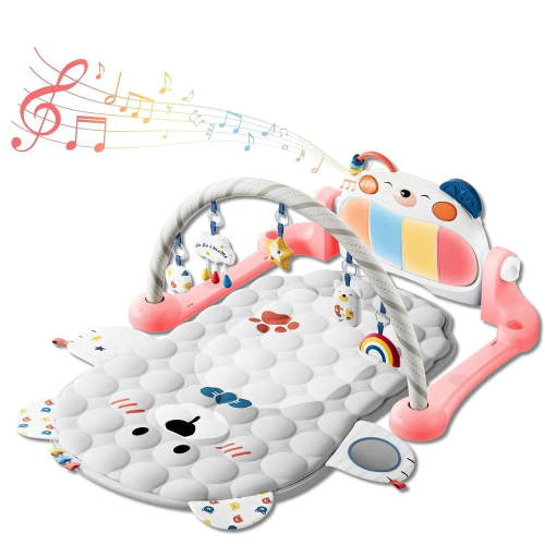 Baby Play Gym Mat, Kick and Play Piano Mat for Babies, Infant Tummy Time Activity Playmat with 5 Detachable Toys, Easy to Install & Clean