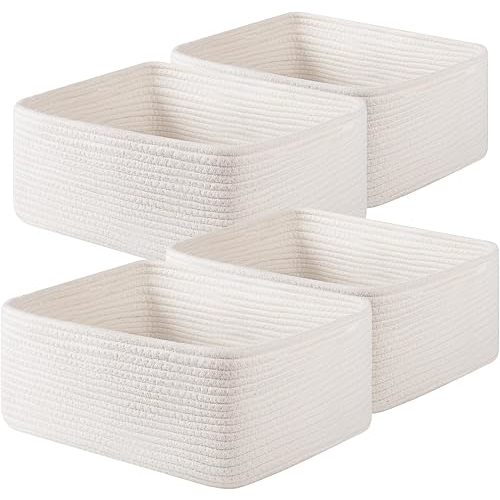 OIAHOMY 4 Pack 14.17*11.02*6.3IN Storage Baskets for Organizing Shelves, Woven Rope Baskets for Organizing Books, Clothes, Decorative Basket for Living Room, Nursery, Bedroom, Gift Basket, White