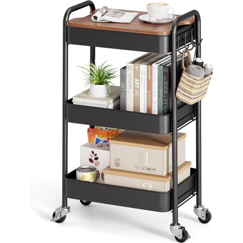 TOOLF 3 Tier Rolling Cart, Metal Utility Storage Cart with Wheels, Black