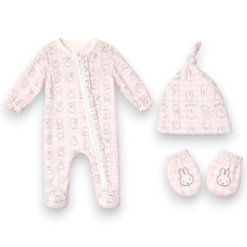 Miffy Baby Girls’ 3-Piece Ultra-Soft Sleep N’ Play Coverall, Beanie & Mitten Layette Set, Pink/Gingham, 3 Months