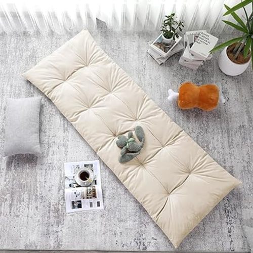 HOMBYS Floor Lounger Pillow Foldable and Tufted Design Long Floor Cushion for Yoga, Reading, Sleeping, Meditation, Elastic Band for Roll Up and Easy Storage, Machine Washable (Beige, 62"x27")