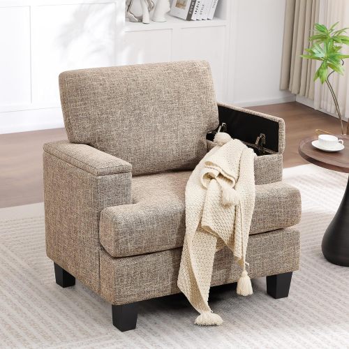 Accent Chairs with Armrest Storage, Modern Reading Chairs for Living Room, Upholstered Comfy Large Armchair (Yellowish Brown)