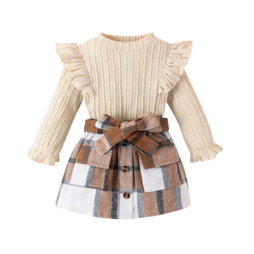 BULLPIANO Toddler Baby Girls Outfit Long Sleeve Ruffle Knit Ribbed Shirt Top Plaid Skirts Dress 2Pcs Little Girl Fall Winter Clothes
