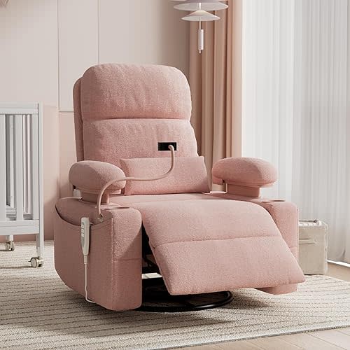 MAMAZING Oversized Electric Nursery Rocking Chair with Adjustable Armrests, Power Recliner Glider Nursing Chair for Breastfeeding, USB & Type-C Ports, Phone Holder, Oeko-TEX & FSC Certified(Pink)