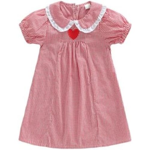 Toddler Girl Valentines Dress Cute Short Sleeve Plaid Red Heart Embroidery Doll Collar Baby Valentines Outfit