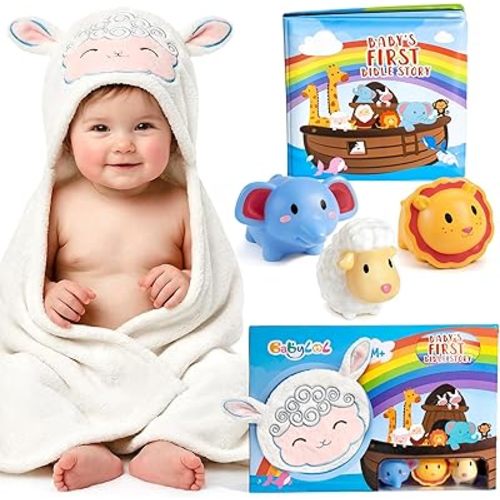 Noah's Ark Baptism Gifts, 7-Piece Christening Gift Set with Hygienic Sealed Bath Toys, Soft Hooded Lamb Towel, Storybook & Washcloth for Newborn Dedication, Baby Shower & Religious Gift