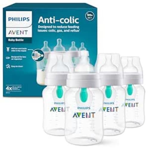 Philips Avent Anti-Colic Baby Bottle with AirFree Vent, 9oz, with Flow 2 Nipples, 1m+, 4pk, Clear, SCY703/04