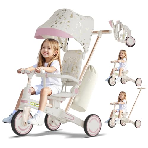 WinHope 9-in-1 Foldable Kids Tricycle with Push Handle and Canopy(Pink) | Convertible Kids Trike with Safety Belt + Storage Basket, One-Click Foldable Design, Birthday Gift for Boys and Girls 1-6Y