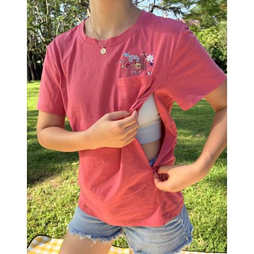 Embroidered Flower Pocket Nursing T-shirt