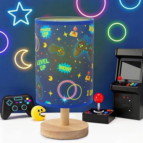 Kids Table Lamp for Bedroom Kids Bedside Lamp with Linen Wooden Nightstand Cartoon Nursery Lampshade for Boys Girls Room Decor (Pink Bow)