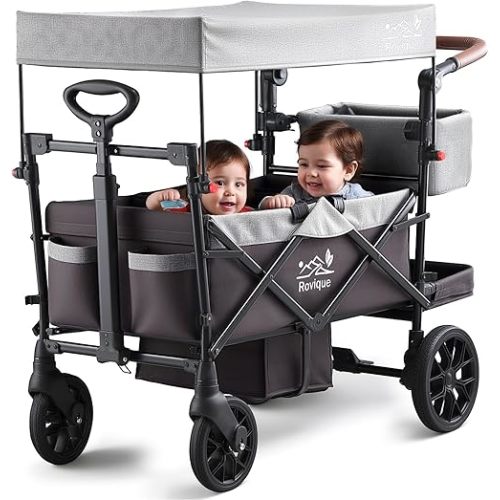 Stroller Wagon for Kids, Premium 2 Seater Kids Wagon Stroller with Removable Canopy, Safety Harness, Adjustable Handlebar & Storage Organizer, All-Terrain Foldable Baby Wagon for Outdoors