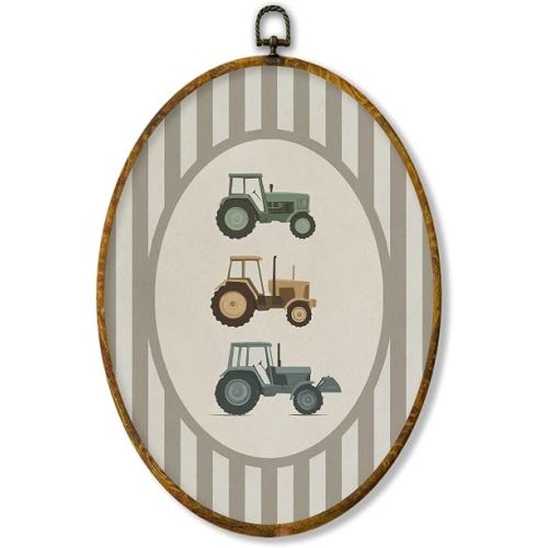 XPH 1256- Rustic Farmhouse Tractor Oval Wall Art Framed, Kids Room Oval Wall Decor, Vintage Farm Vehicle Hanging Canvas Prints for Home Kids Boy Nursery Room Bedroom Playroom Decoration, 8.6x11.4 Inch