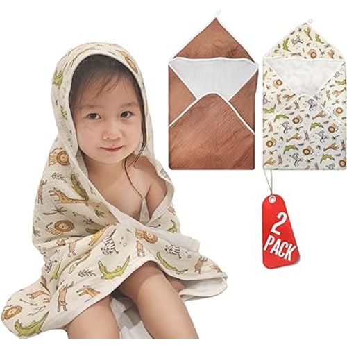 2-Pack Muslin Hooded Baby Towels, 100% Cotton, Towels for Babies, Infants, Toddles, Soft and Absorbent for Boy and Girl, Baby Towel with Hood, Babies Towel Set, Animals, Flowers (Cute Animals)