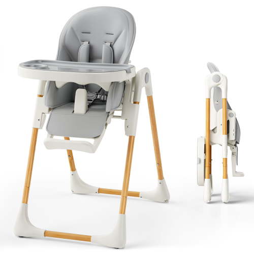 AILEEKISS Foldable High Chair for Baby, Toddler Eating Chair with Detachable Double Trays, Natural Grey