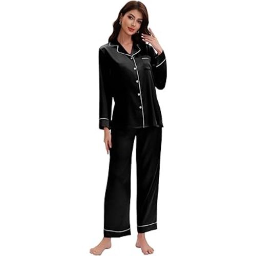 Maxbee Women's Satin Silk Pajamas Set, 2 Piece Notch Collar Silk Pjs, Button UP Pajama with Long Sleeve and Pants Silky