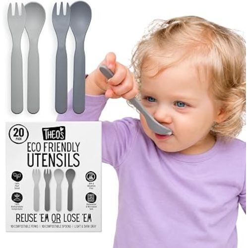 THEO'S 20 Pack Eco-Friendly Utensils for Baby & Toddler | 100% Biodegradable + Compostable 5.0"x1.2" Plant Based Spoons & Forks (10 each) | BPA Free, Dishwasher + Microwave Safe, Light & Dark Gray