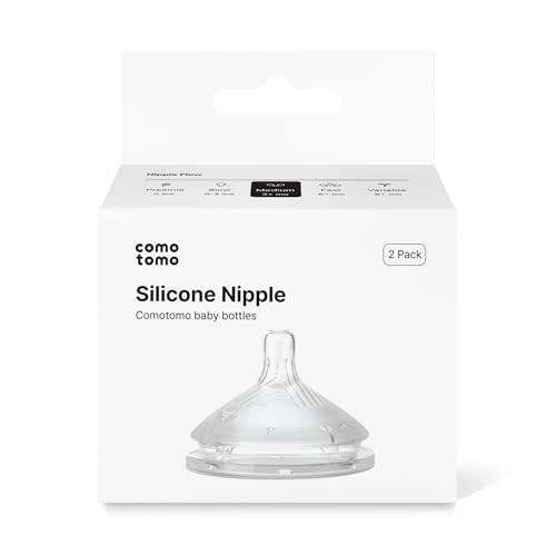 Comotomo Silicone Replacement Nipples for Baby Bottle Gen 2 (2026 Release) - Soft, Silicone Nipples with Dual Anti-Colic Vents Designed for Natural Latch (Pack of 2), Medium Flow (3-6 Months)