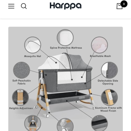 HARPPA Cuddly 3-in-1 Baby Bassinet Bedside Sleeper for Reflux | Attaches to Bed, Adjustable 5 Heights, Non-Toxic & CPSC Certified | Sturdy Aluminum Frame, Portable Wheels, Tool-Free Setup, Gentle Rocking | Perfect for Newborns, Infants, Small Spaces & Saf