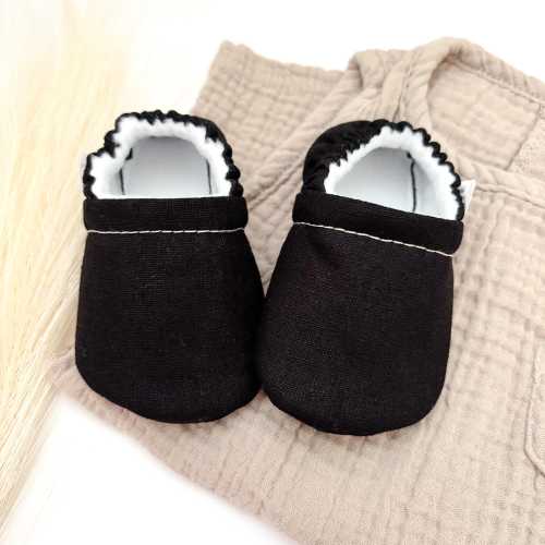 Black Linen/Cotton Blend Baby Booties: Soft Sole Crib Shoes
