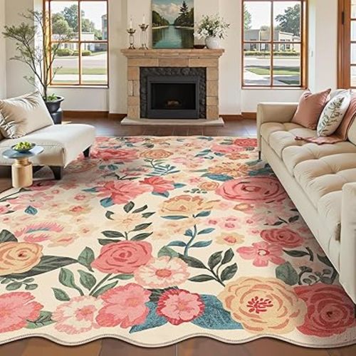 Washable Floral Area Rug 6x9 Beige Living Room Large Carpet Bedroom Scalloped Flower Non Slip Soft Throw Rug Farmhouse Low Pile Thin Indoor Floor Cover for Dining Room Office