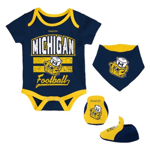Michigan Wolverines Mitchell & Ness Newborn & Infant 3-Pack Bodysuit, Bib and Bootie Set - Navy