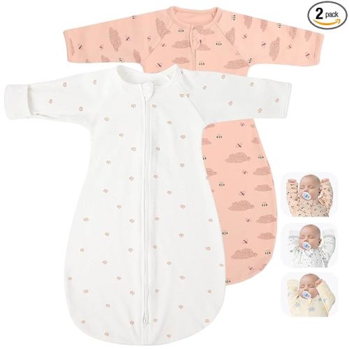 2 Pack Transitional Swaddle Sack with Arms Up Length Sleeves & Mitten Cuffs, Sleeping Sack Bag 2 Ways Zipper, Wearable Swaddling Blanket for Newborns Baby Snug Fit Calms Startle Reflex