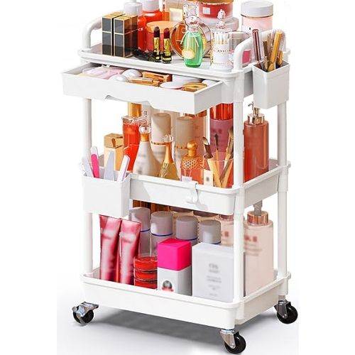 Makeup Cart Organizer with Drawers, Floor Skincare Organizers Vanity Storage Organizer, Rolling Makeup Bathroom Storage Cart Cosmetics Display Cases for Skin Care Perfume Nail Polish, White