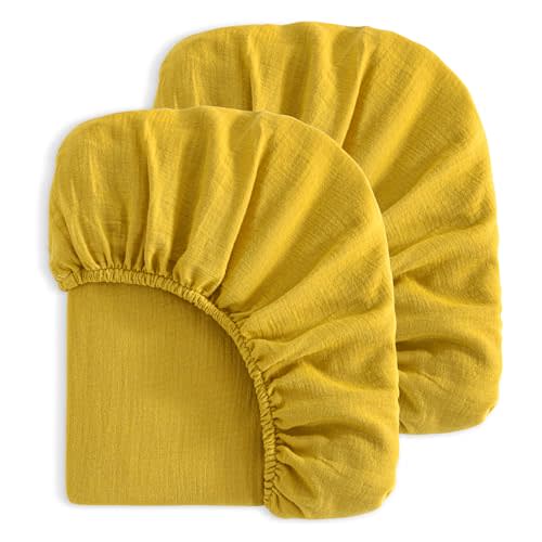 NTBAY 2 Pack Muslin Cotton Crib Sheets, Soft and Breathable Double Layer 28x52 Baby Crib Sheets for Standard Crib and Toddler Mattresses, Boys, Girls, Unisex, Ginger Yellow, 28x52 Inches