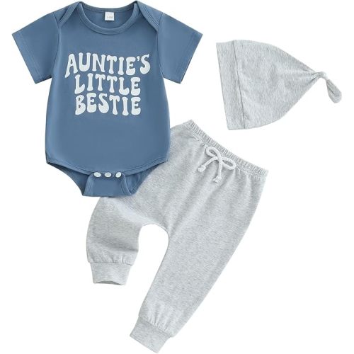 SAYOO Aunties Bestie Baby Clothes Gender Neutral Unisex Funny Letter Bodysuit Romper Solid Leggings Pants Hat 3Pcs Outfits