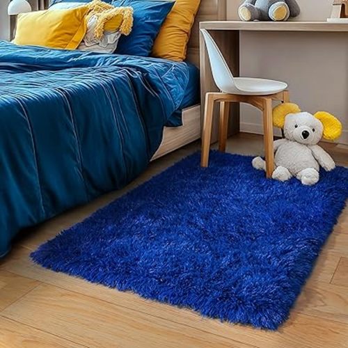 Small Throw Shag Rug for Bedroom, 2x3 Blue Fuzzy Area Rugs for Living Room, Nursery and Kids Room, Soft and Comfy, Bedside Carpet for Girls Boys Dorm Home Decor Aesthetic, Upgrade Non Slip