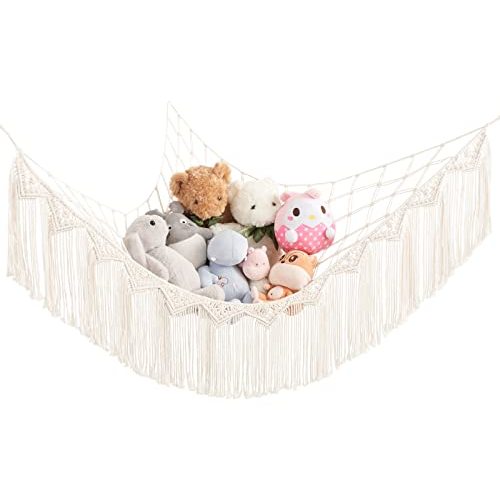 Mkono Stuffed Animal Hammock Corner Macrame Toy Storage Organizer with Lights and Tassels Boho Hanging Stuff Animals Net Large Capability Toys Display Holder for Nursery Kid Room Playroom, 1 piece