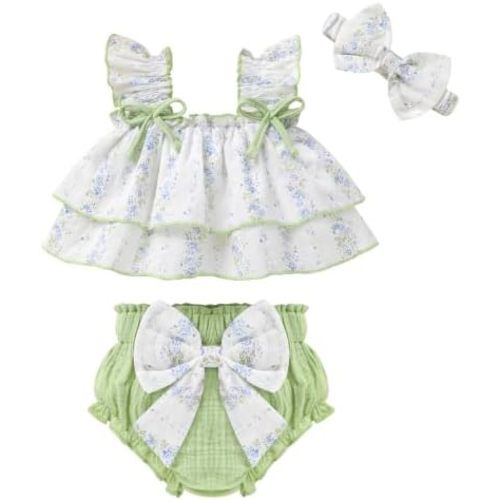 YOUNGER TREE Baby Girl Clothes Infant Ruffle Tops Dress Shorts Set Bloomers Toddler Sleeveless Summer Outfits with Headband