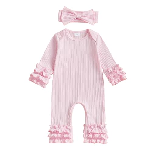 Ursobutegl Newborn Baby Girl Clothes Jumpsuit Ruffle Romper Bodysuit Pants Headband One-Piece Coming Home Hospital Outfits