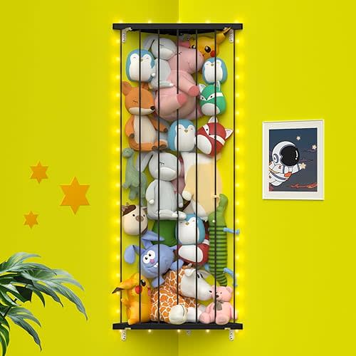 Corner Stuffed Animal Storage Net - Stuffed Animals Holder with Lights - Plush Toy Organizer Hanging Stuffed Animal Hammock with Adjustable Length for Kids Room Playroom Bedroom Nursery Decor