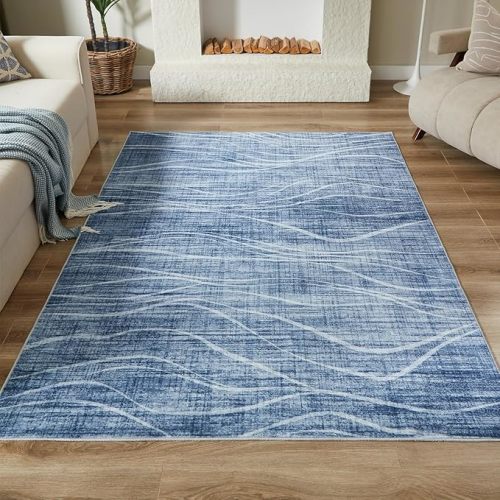 WITSHOCK 5x7 Area Rug for Living Room, Washable Rugs for Bedroom Kitchen Nursery Dining Room Office, Modern Neutral Wave Striped Rugs, Soft Thin Carpet Non Slip Low Pile for Home Decor, Blue