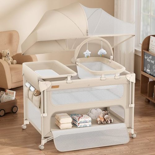 ANGELBLISS Baby Bassinet Bedside Crib, 5-in-1 One-Push Instant Fold Pack and Play with Changing Table, Napper Bassinet, Mattress & Mosquito Net, Portable Playard for Newborns to Toddlers (Khaki)