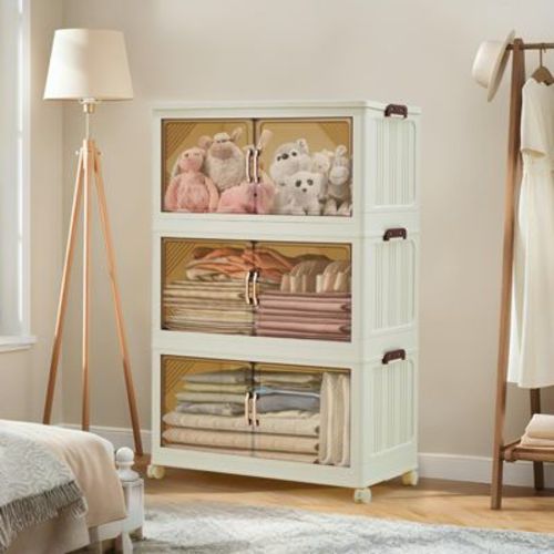 Stackable Storage Bins w/ Lids, Plastic Storage Drawers w/ Magnetic Doors & Lockable Wheels, Foldable Closet Organizers - 25.59''W - 3 Tier