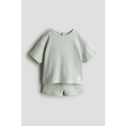 2-piece Waffled Cotton Set, Regular waist, Round Neck, Light dusty green - 12M