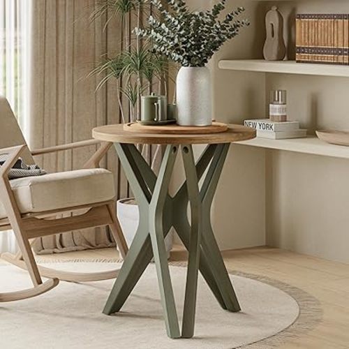 LONYKE Pedestal Farmhouse End Table, Distressed Top with Tripod Base Bedside Table for Living Room, Modern, Boho, Round, Sage Green