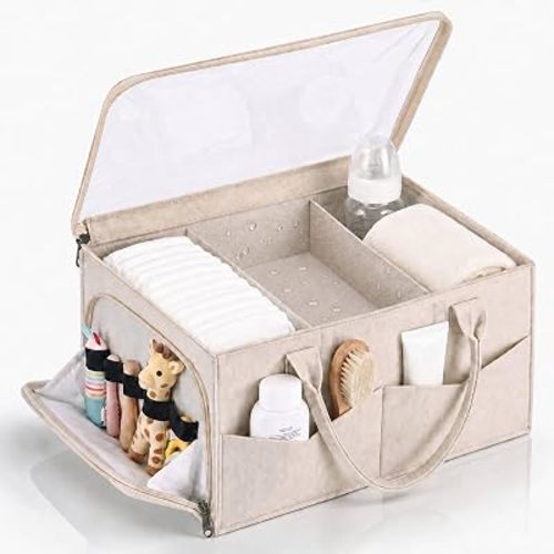 Aliceset Large Baby Diaper Caddy Organizer with Dust Cover Oatmeal Felt Nursery Storage Basket with Adjustable Compartments Waterproof Interior Multiple Pockets Gift for Baby Shower Registry Must Have