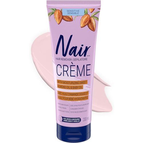 Nair Sensitive Formula Hair Removal Crème with Sweet Almond Oil and Baby Oil, 100% Painless Depilatory for Legs, Underarms and Bikini, Calm Skin Care Formula, 200 mL