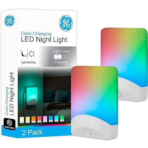 GE Color Changing LED Night Light for Kids, Dusk to Dawn Sensor, Home Decor Apartment Essentials, Wall Lights for Bedroom, Ambient Lighting, Nightlights Plug In, 2 pack, 46722-P1