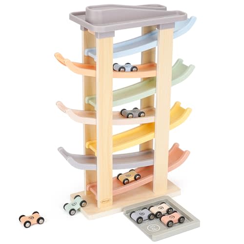 Joyreal Montessori Toddler Toys for 1 2 3 Year Old - 7 Level Wooden Car Ramp Racer Toys with 8 Mini Cars & 2 Garages - Christmas Birthday Gifts for 2 Year Old Boys and Girls
