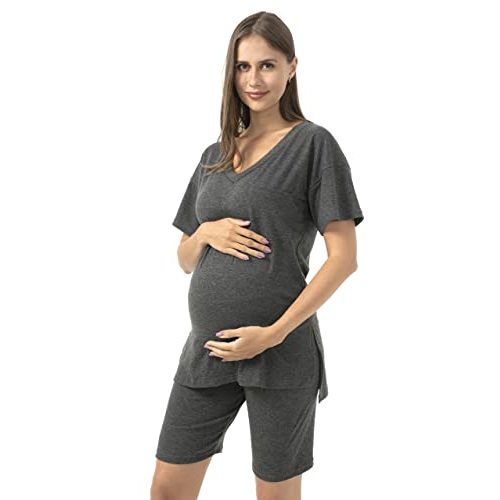 SUNNYBUY Maternity Pajamas Set 2 Piece Outfits V Neck Short Sleeve Shirts and Biker Shorts Pregnancy Postpartum Loungewear