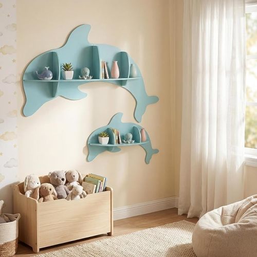 HONEY JOY Wall Mounted Kids Book Shelves Set of 2, Dolphin-Shaped Floating Book Shelves w/Compartments, Space-Saving Cute Bookcases, Wooden Display Storage Rack for Bedroom Nursery Kindergarten